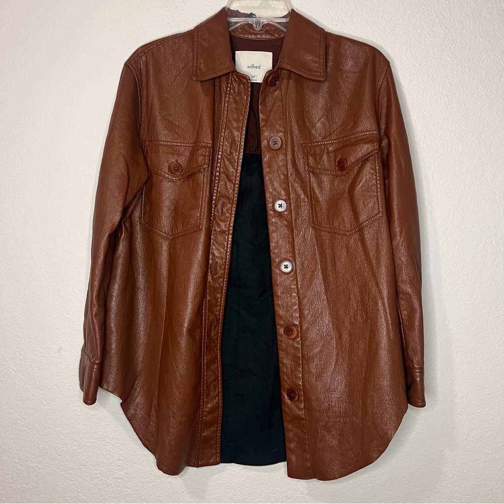 Aritzia Wilfred Chestnut Faux Leather Button down jacket